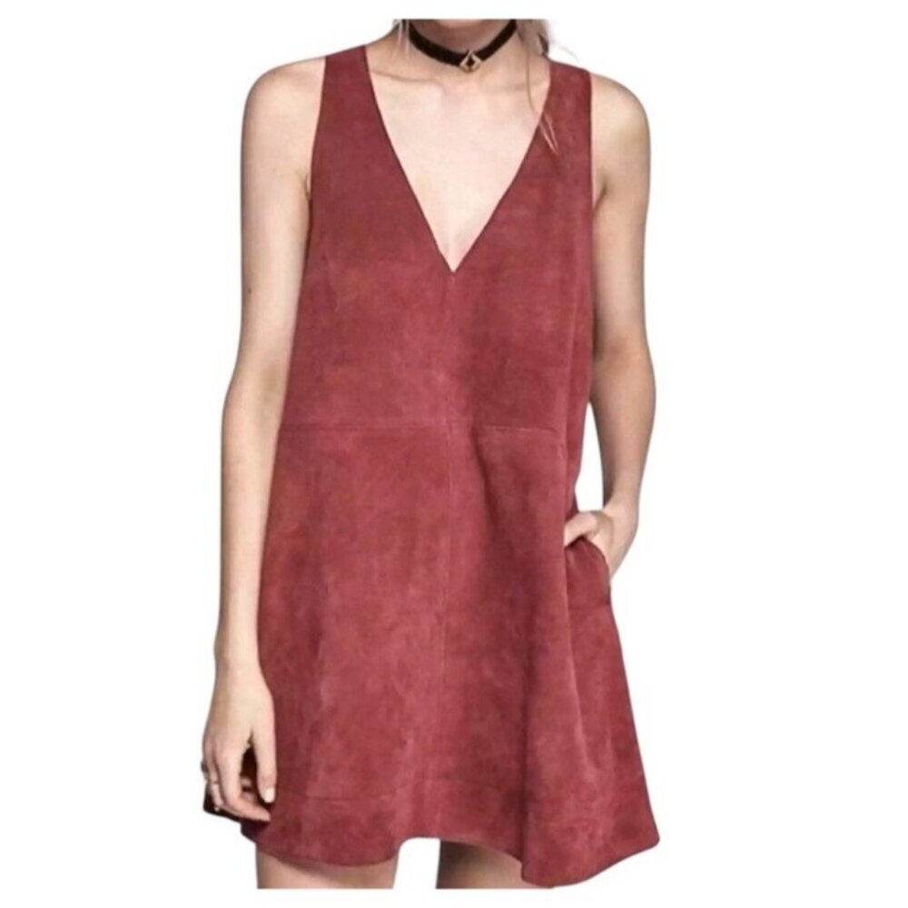 Free People Retro Love Suede Leather Maroon Preppy Hipster Mini Dress Small